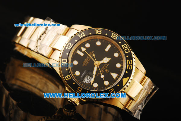 Rolex GMT-Master II Oyster Perpetual Automatic Full Gold with Black Dial and White Round Bearl Marking-Small Calendar - Click Image to Close